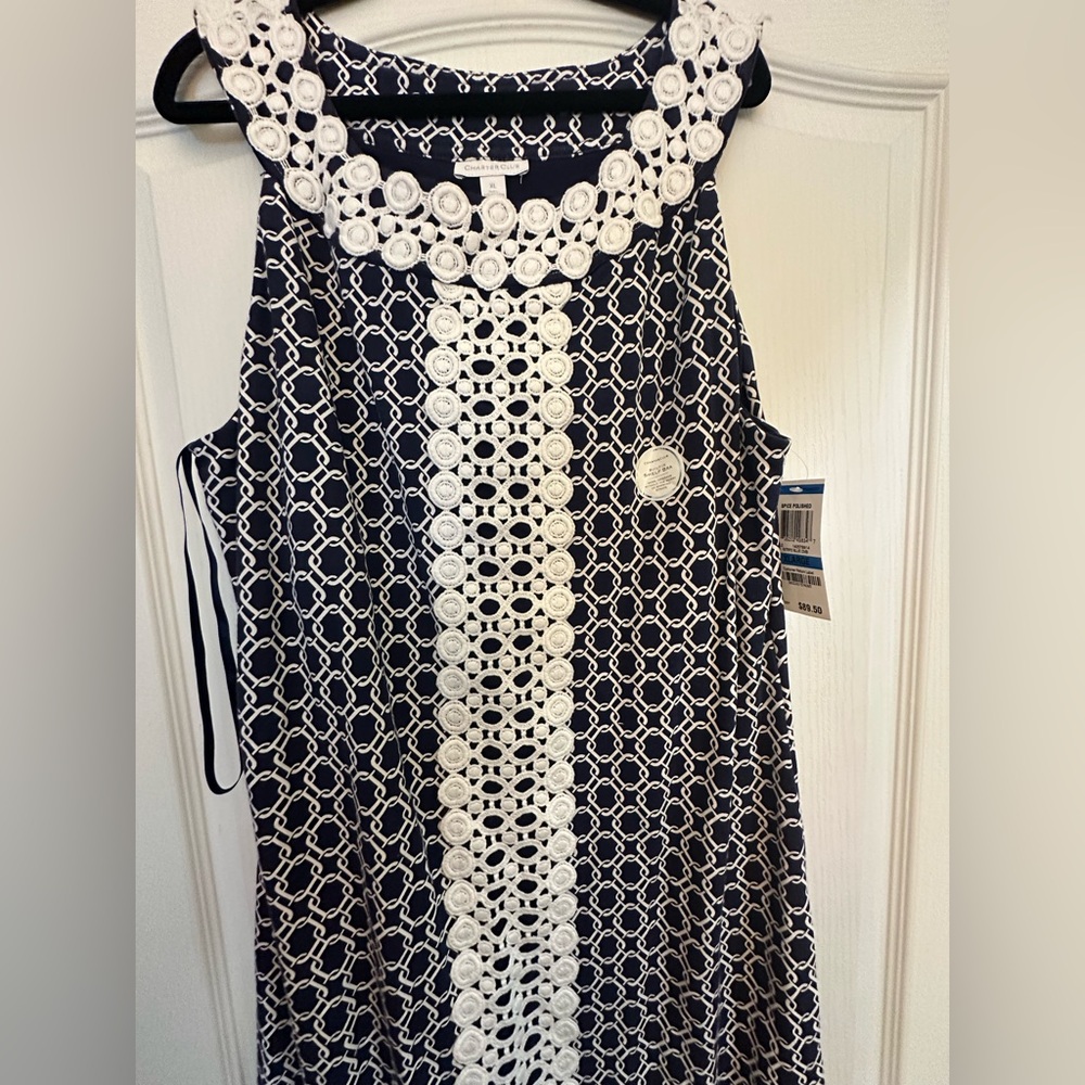 Elegant Blue and White Sleeveless Dress - Picture 2 of 4